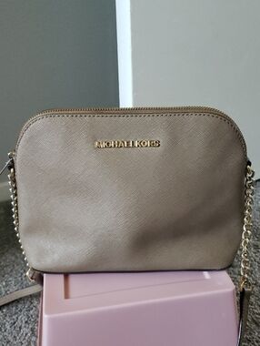 Taupe Michael Kors Beige Saffiano Leather Crossbody with Gold Hardware